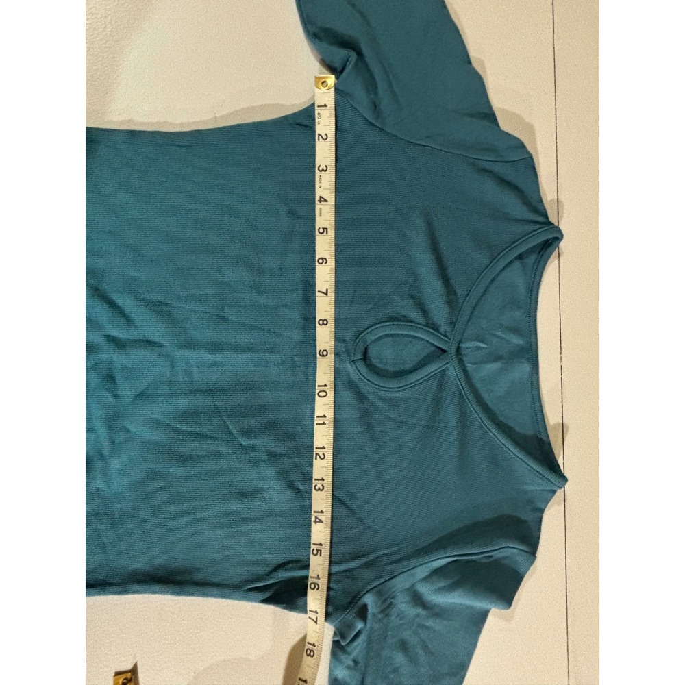Womens Teal Ribbed Long Sleeve Keyhole Mini Dress Bodycon Stretch Knit L - Picture 6 of 6